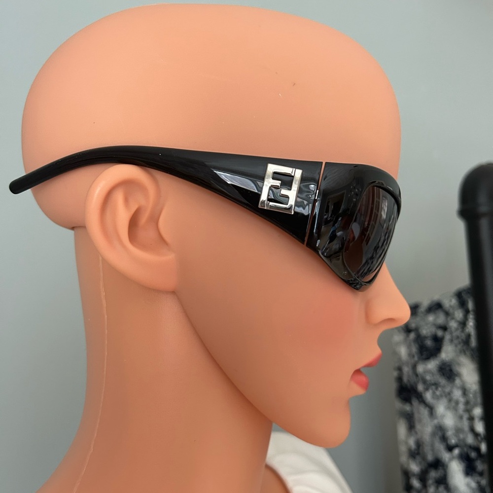 Vintage Fendi Glossy Black Shield Sunglasses with Silver FF Accent